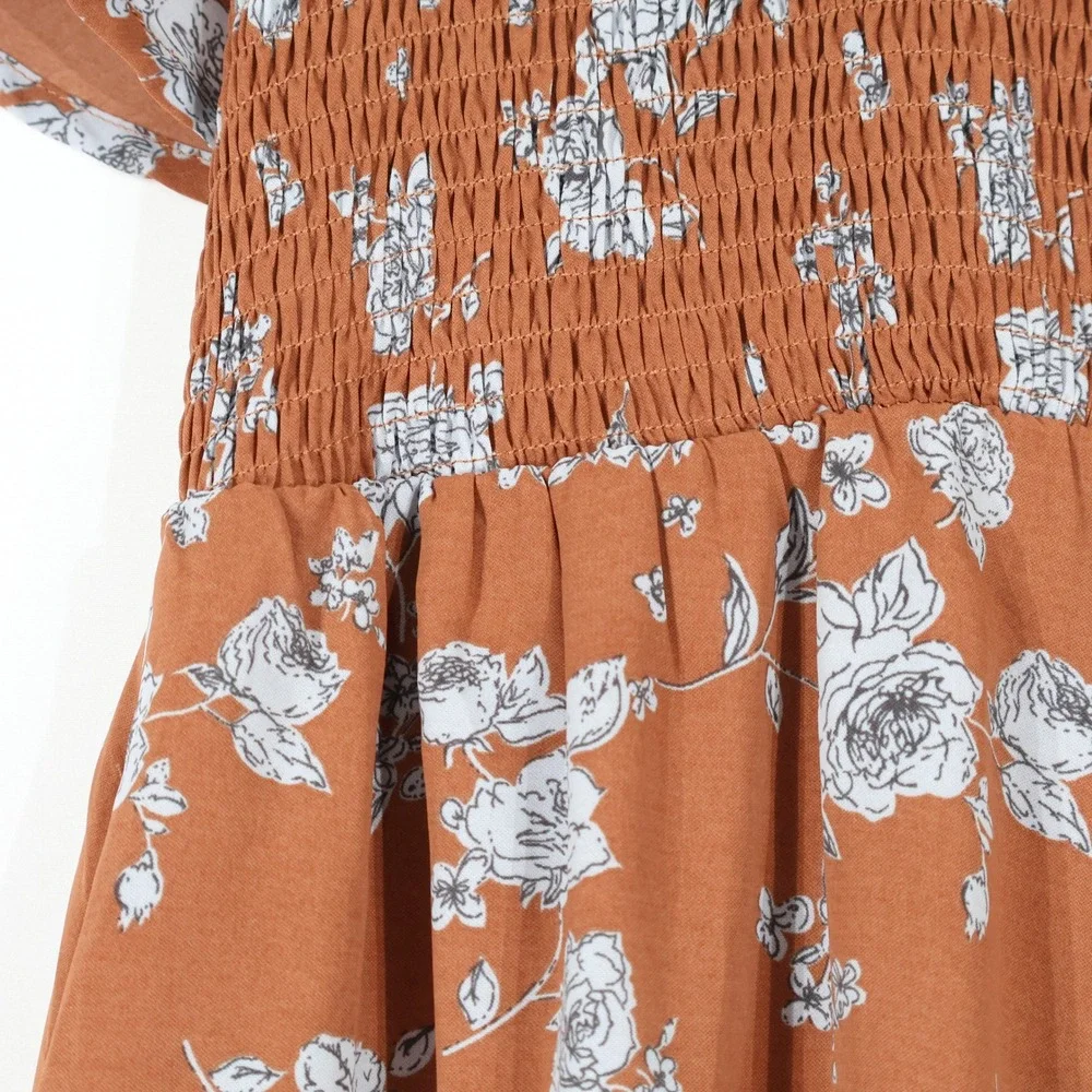 Baltic Born Floral Smocked Midi Dress Womens XL Brown Boho Pockets Flowy Fall